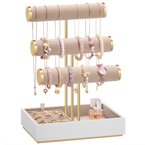 SONGMICS Bracelet Holder Stand, Jewelry Display Stand, Jewelry Organizer, with 3 Tiers and Velvet Tray, Removable Ring Holder, Cloud White and Camel Brown UJJS027A01 - color: Cloud White + Camel Brown