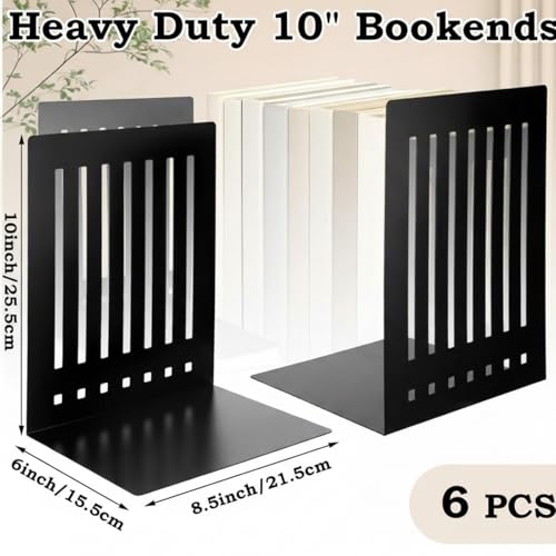 6 Pcs 10 Inch Heavy Duty Bookends Non-Skid Base Large Heavy Duty Book Ends Stopper for Office Books Vinyl Records Shelves Binders (Black) - color: Black, size: 10 Inch