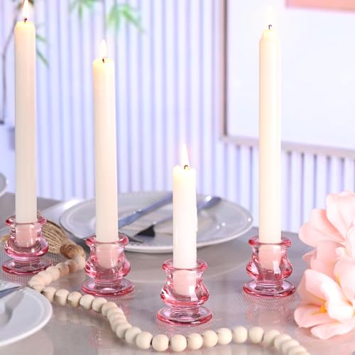NITIME 12pcs Pink Candlestick Holders, Pink Glass Candle Holders for Pillar Candles, Taper Candle and Tealight Candles, Taper Candle Holders for Wedding, Table Centerpiece - color: Pink