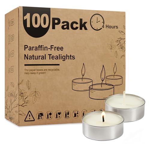 Ashlux Unscented Palm Tea Lights Candles 100 Pack Bulk, 4.5 Hours Long Burning White Tea Lights,Non-Paraffin, Smokeless, Mini Tealight Votive Candles for Wedding, Christmas Lights, Party, Christmas - size: 100 Pack, style: 4 Hours