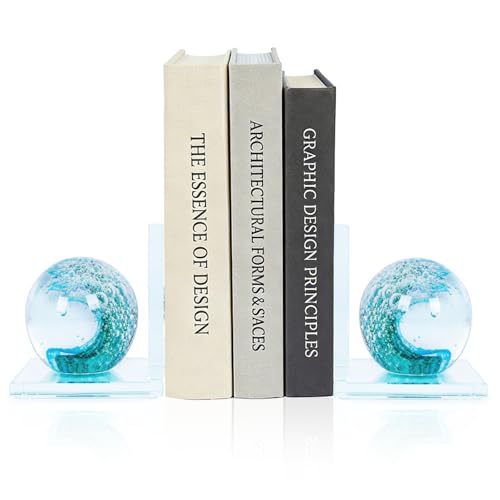 Decorative Bookends for Shelves, Hand Blown Ocean Crystal Ball Unique Bookends for Heavy Books, Office Desk Decor, Ideal for Ocean Lovers (Lake Blue) - color: Lake Blue
