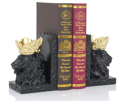 Black Lion Head Bookends with Regal Design, Solid Resin for Heavy Duty Book Support, Non-Slip Pads for Stability, Gift for Lion Enthusiasts Collectors - color: Black