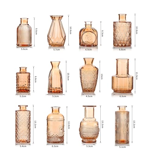 Bud Vases Set of 12, Small Mini Glass Vases for Centerpieces - Elegant Vintage Style - Perfect for Table Decor, Wedding, Party Centerpieces - Great Gift for Home Decor Lovers (Amber) - color: Amber-12pcs