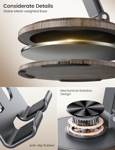 Adjustable Cell Phone Stand,360 Rotating Foldable Desktop Cellphone Stand with Anti-Slip Base Portable Phone Holder for iPhone 17 16 15 14 13 Pro Max, All Smart Phones, iPad (Wood Grain Black) - color: Wood Grain Black