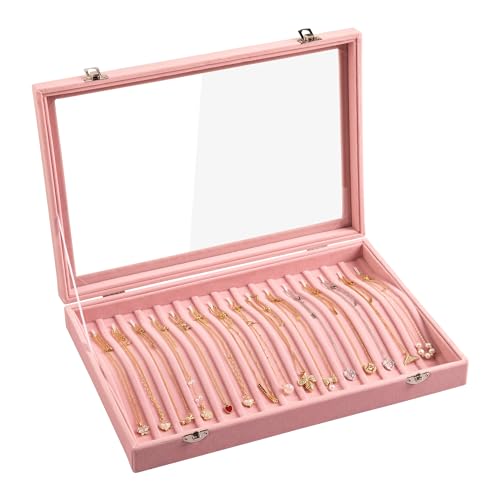 Frebeauty 15 Hooks Necklace Tray Velvet Neckalce Organizer with Clear Lid Lockable Necklace Holder Box Jewelry Organizer for Pendants Chains Necklace Jeweley Tray for Women Girls(Pink) - color: Pink