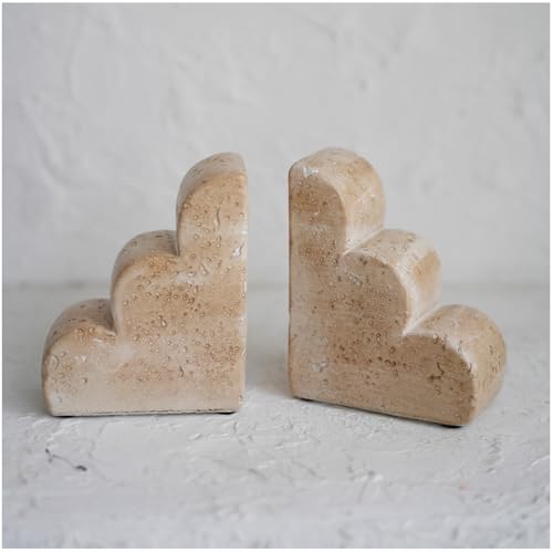 Chagoart Book Ends for Shelves-Concrete Heavy Duty Bookends-Book Stopper- Decorative Bookends for Heavy Books-Travertine Marble Look Book Ends Unique -Scallop Stone Bookends (Travertine)