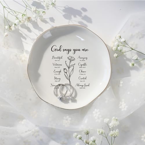 Christian Women's Jewelry Dish Tray, 'God Says You are' Pattern, White, Glazed Ceramic, Square, 4.5" x 4.5", Religious, Washable, Valentine's Day, Birthday, Christmas, Thanksgiving Gift