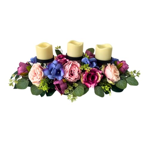 Svndlyn 25 Inch Artificial Floral Centerpiece with 3 Candle Holders Peony & Rose Arrangement for Dining Room Table Pink Purple & Blue Spring Decor (Fits 3" Candles, Candles Not Included)