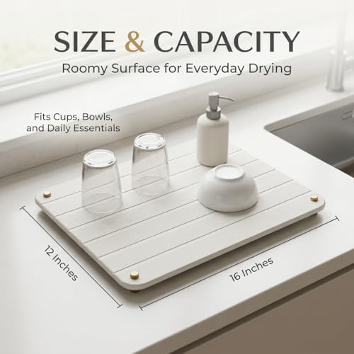 Razborci Stone Dish Drying Mat for Kitchen Counter, Water Absorbing Bathroom Tray Sink Organizer, Diatomaceous Earth Countertop Dish Rack Riser Sponge Holder Soap Dish, Gold White, 16" x 12" - color: 1. Gold - White, size: 16" x 12" x 1"
