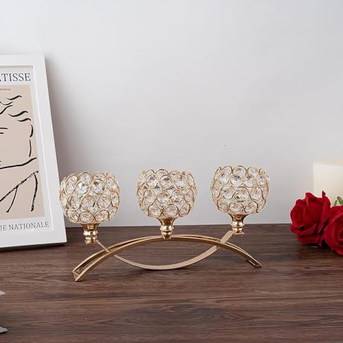 4Set Gold Crystal Candle Holders Decorative Candelabra for Wedding Centerpiece,Metal 3 Arms Candlesticks Holder Stand for Dining Table Living Room Home Decor, Party, Anniversary,Halloween,Christmas - size: 4 Pieces 5.5" tall