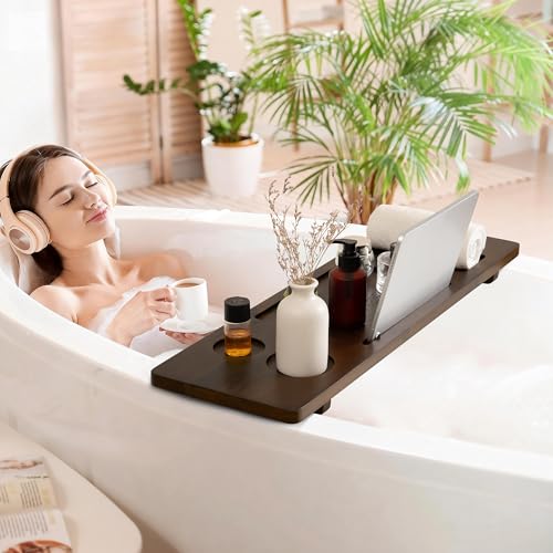 Teak Bathtub Tray - Wood Bath Caddy Tray 29" for Small Tubs - Adjustable Bathtub Table Trays - Luxury Shower Organizer for Home Spa Relaxation and Reading - Dark Walnut Color - color: Dark Walnut-a, size: 29" x 9" x 2"