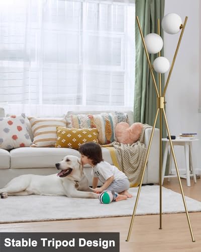 3 Globe Dimmable Tripod Floor Lamp, Mid Century Standing Lamps with 3Pcs 3000K Bulbs Included, Modern Tall Lamp for Living Room Bedroom Office-Gold - color: 3 Globe-Gold Tripod