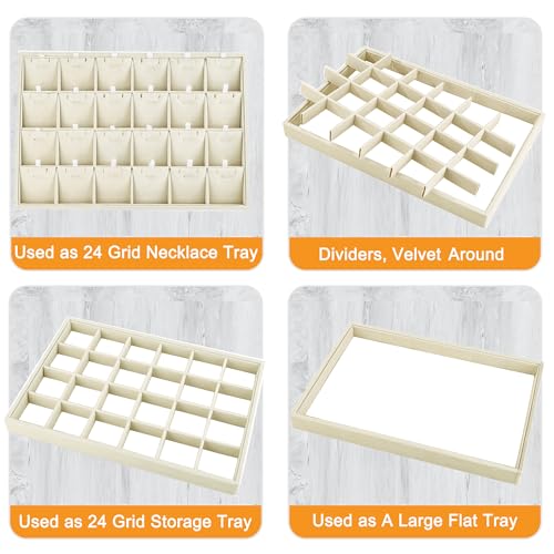 Mornajina 24 Grids Stackable Jewelry Tray Organizer with Removable Dividers, Velvet Jewelry Display Tray for Earrings Necklaces Bracelet Rings Display Showcase - Light Khaki - color: Light Khaki