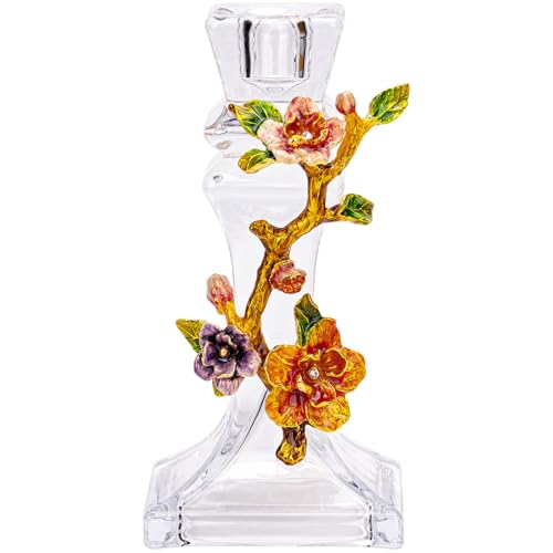Handcrafted Enamel Glass Candle Holder – Stunning Floral Design with Begonia Flowers for Weddings, Home Décor, and Gift Giving – Unique Handcrafted Piece with Enamel Detailing