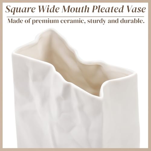 Pumtus Crinkle Paper Bag Ceramic Vase, 7.5 Inch Unique Flower Vase, White Matte Square Wide Mouth Pleated Planter, Minimalist Boho Pot for Flower Arrangement Table Centerpiece Home Office Decor