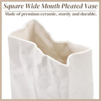 Pumtus Crinkle Paper Bag Ceramic Vase, 7.5 Inch Unique Flower Vase, White Matte Square Wide Mouth Pleated Planter, Minimalist Boho Pot for Flower Arrangement Table Centerpiece Home Office Decor