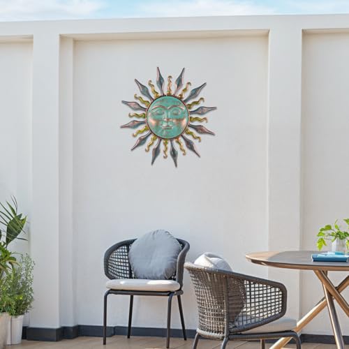 HOBYLUBY Metal Wall Art Decor, 25'' Large Wall Art Hanging Decor & Wall Sculpture, Sun Wall Decor for Patio, Fence, Garden, Home Decor(Cyan) - color: Cyan