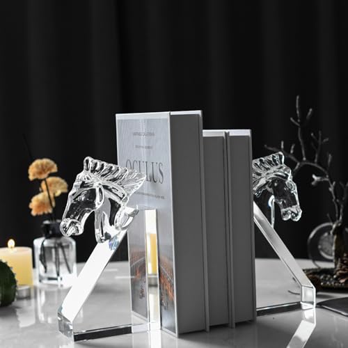 1 Pair Crystal Horse Head Bookends, Non-Skid Sturdy Book Ends, Home Office Decor, for Desktop Office Bookshelves,Book Ends for Shelves