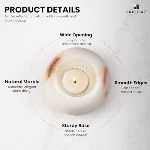 Radicaln Marble Tealight Candle Holder 4" Inch White Onyx Handmade Decorative Votive Candle Holder for Home Decor, Elegant Set of 3 Mini Candle Holders & Marble Taper Holder for Housewarming Gifts - color: White Onyx