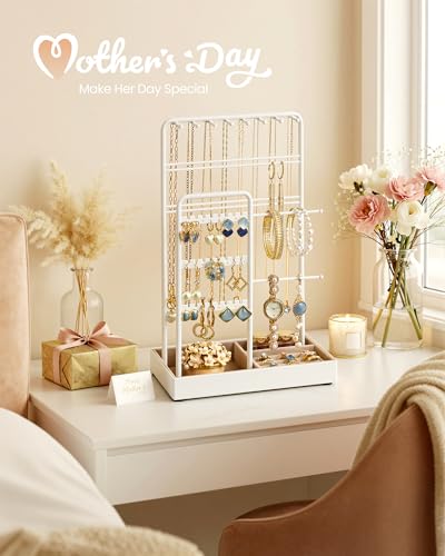 SONGMICS Necklace Holder, Jewelry Stand Holder Organizer, Jewelry Display with Metal Frame, Velvet Tray, Earring Bracelet Holder, for Gift Idea, 4.5 x 7.7 x 12.1 inch, Matte White UJJS021W01 - color: Matte White, size: 4.5"D x 7.7"W x 12.1"H