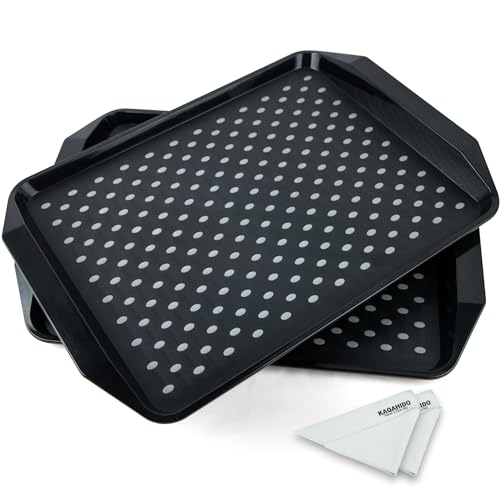 KAQAHIDO Large Non Slip Serving Tray with Grippy Dots, TV Lap Trays for Eating on Couch, Meal Serve for Dinner Breakfast, Rectangular Food Carrying for Plates, Glasses, Dishes, Set of 2, Black - color: Black