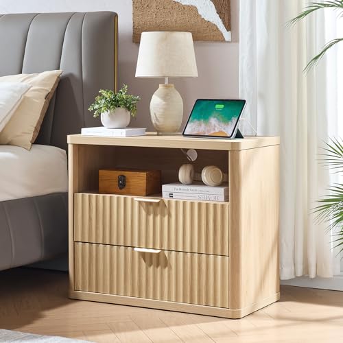 LEYAOYAO 31" Wide Fluted Nightstand with Charging Station, Oversized Extra Large 2 Drawers Night Stand,Natural Wood Bedside Table,Tall Bed Side End Tables,Modern Chest of Drawers Dressers for Bedroom - color: Natural, size: 2 Drawers