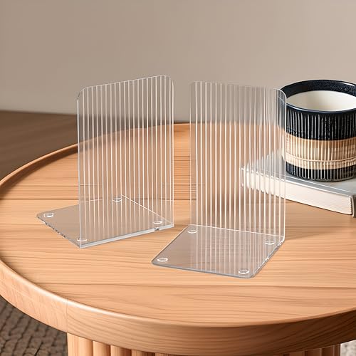 Book Ends for Shelves 6 Pcs Acrylic Bookends Clear Unique Rippled Pattern Book Holder Stand for Heavy Books Home Office School Organizer and Desktop Decorative