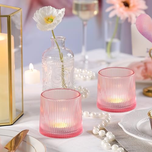 Pink Ribbed Tealight Votive Candle Holders Set of 10- Votive Candle Holders for Table Centerpiece, Tea Light Candle Holder Glass for Wedding and Home Decor, Blue Decor and Gifts - color: Pink, size: 10Pcs