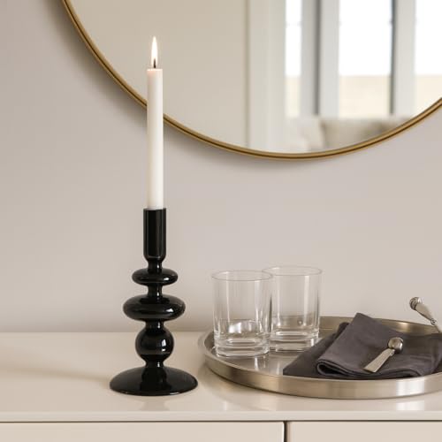 Glass Taper Candle Holder - Table Candle Holder for Soft Candlelight and Table Decor - Dining Room or Living Room Mantel Display - Modern Disc and Sphere Design Accent, Home Decor – 7", Black - color: Black, size: 7.0" H