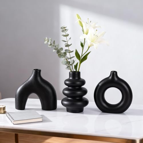 Ceramic 3 Pcs Vase Set,Modern Home Decor Table Centerpiece,Minimalist Nordic Vases, Wedding, Living Room, Bookshelf, Office, Modern Home, Entryway Boho Decor (Black) - color: Black