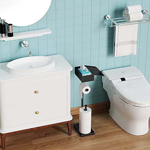 CISILY Black Toilet Paper Holder Stand with Storage Shelf, Free Standing Toilet Paper Roll Holders, Bathroom Toliet Tissue Holder Accessories Essentials - color: Black, size: With Storage