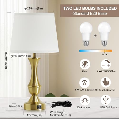 Luvkczc 22" Gold Table Lamps Set of 2 - Modern Luxury Bedside Lamps with White Fabric Shade, Dimmable & Dual USB C+A Ports, Nightstand Lamps for Bedroom/Living Room (Bulb Included) - color: White,Gold base, size: 22in