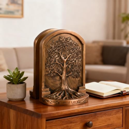 Large Vintage Tree of Life Bookends Set – 2 Non-Skid Heavy Bookends, Antique Bronze Finish Resin Decorative Bookends for Heavy Books, Office, Library, Bookshelf, Living Room, Housewarming Gift - color: Vintage Brass Tone