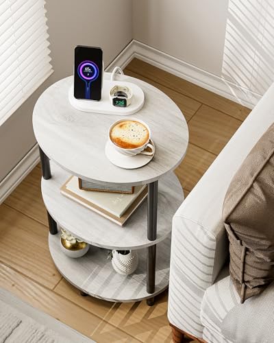 Small Round Side Table - 3-Tier Oval Accent Table for Small Spaces, Rustic Wood and Metal Nightstand for Living Room or Bedroom, Built-in USB Ports and Power Outlet, Greige - color: Greige, size: 1-Pack, style: Includes Power Outlets