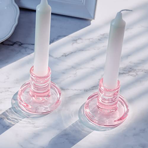 12PCS Pale Pink Taper Candle Holders, Glass Crystal Candlestick Holders Bulk, Clear Candle Holders for Dining Table Centerpiece，More Suitable for Weddings - color: Pink 12pcs