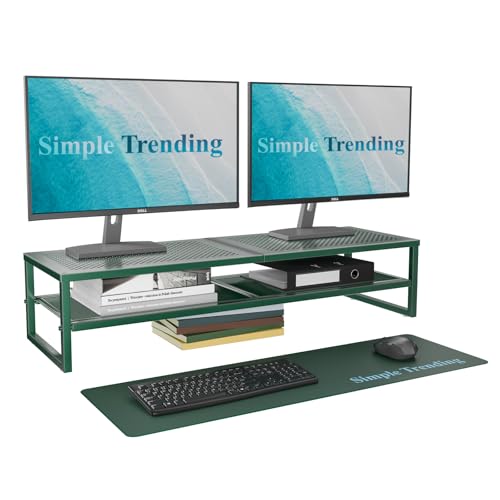 Simple Trending 2 Tier Metal Dual Monitor Stand Riser, Computer Office Desktop Organizer for 2 Monitors with 32"x10" Mouse Pad for Laptop, Printer, TV, Green - color: Green, size: 32"L x 10"W x 7"H