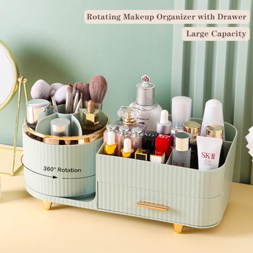 Rotating Makeup Organizer for Vanity with Brush Holder and Drawer, Cosmetic Makeup Storage, Large Spinning Makeup Skincare Organizer, Countertop Makeup Perfume Organizer, Lotions Display Case (Green) - color: With Drawer-Green