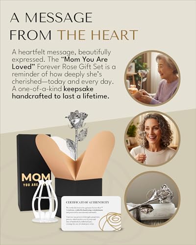 Forever Rose Bloom Box & Phantom Vase Combo, Platinum Dipped Rose in a Personalized Gift Box That Says Mom You are Loved Embossed in Gold Foil, Unique & Everlasting Gift for Any Occasion - color: Platinum Rose (Vase & Mom You Are Loved Box)
