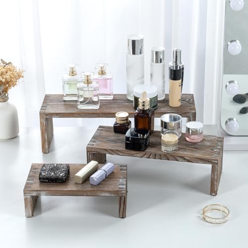 MyGift Rustic Brown Wood 3-Tier Collectibles Figurine Display Risers, Dessert Showcase Stands, Set of 3