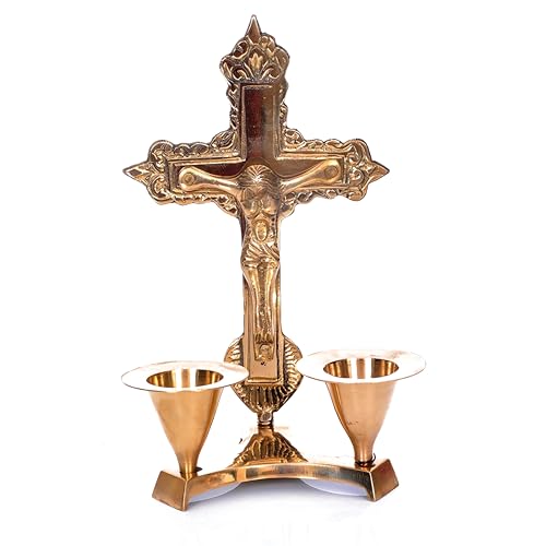 Hashcart Catholic Crucifix Cross with Candle Stand, Jesus Decor (6 Inch) Jesus Christ Statue & Figurine for Table Decoration, Catholic Decor Home Office Decor