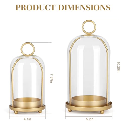 Versatile Metal Candle Holder Set with Handmade Glass Dome,Antique Brass Pillar Candle Stand, 5.2" & 4.1" Wide for Tabletop or Hanging, Industrial & Farmhouse Decor