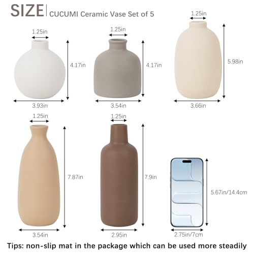 Modern Ceramic Vase Set of 5, Vases Home Decor Rustic Farmhouse Decorative Vase Pottery Vases for Bouquet Pampas Grass Dried Fresh Flowers, Table Living Room Kitchen Bedroom - color: 5 Pack-soft Tones