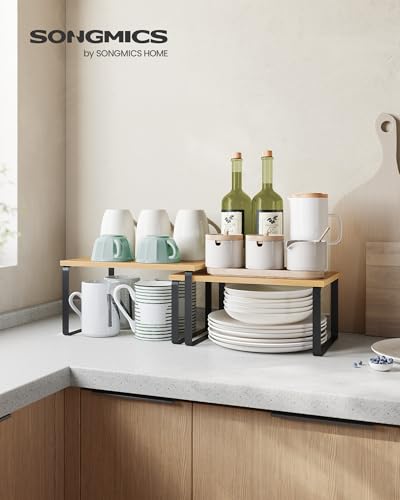 SONGMICS Cabinet Organizer Shelf, Set of 2 Kitchen Counter Shelves, Kitchen Storage, Spice Rack, Stackable, Expandable, Metal and Engineered Wood, Ink Black and Natural Beige UKCS02NB - color: Ink Black + Natural Beige, size: 11.7"W