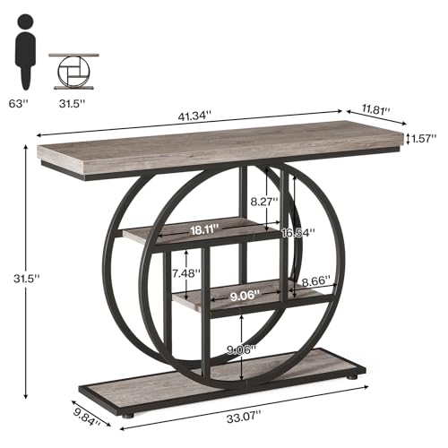 Tribesigns 41.3" Console Table, Industrial 4-Tier Sofa Table Entryway Table with Circle Base, Narrow Wood Accent Tables with Storage Shelves for Living Room, Hallway, Foyer, Gray | Industrial, Sofa Table, Entryway Table, Narrow, Accent Tables, Storage She