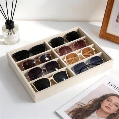 Sunglass Organizer, 8 Grids Beige Velvet Glasses Tray for Eyeglasses Watches Jewelry Display Handmade Craft Storage Box for Home or Shop, Large Capacity 13.8"x9.4" Men Women - color: YH-Beige