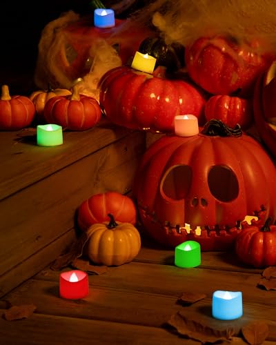 Homemory Multi Color Changing Tea Lights Candles Battery Operated, LED Holiday Candles Tealights with 7-Color Changing for Halloween, Pumpkin, Ofrenda, Christmas, Party, DIY, 12-Pack [White Base] - color: 7 Color Changing Glow – White Body, size: Pack of