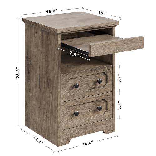 LIKIMIO Night Stand, Modern Bedside Table with 2 Drawers, Open Shelf, End Table with Pull-Out Tray, Wood SideTable, Grey Oak - color: Grey Oak