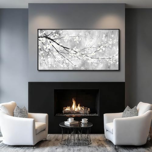 WINKAILIN White Black and Gold Plum Blossom Canvas Wall Art with Black Frame 24"x48" Floral Artwork Modern Botanical Wall Decor for Bedroom Living Room Office Kitchen - color: Black and White, size: 48"L x 24"W
