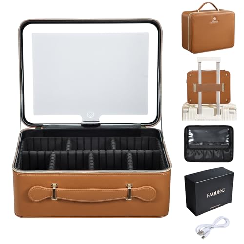 Faquenc Leather Makeup Case with LED Lighted Mirror 11.4 Inch Travel Makeup Bag Adjustable Brightness in 3 Colors Cosmetic Organizer Artist Storage Bag with Dividers Brush Holder Bag Vanity Brown - color: Brown 11.4 Inch, size: 2-Medium