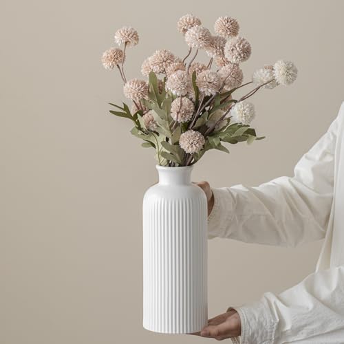 White Ribbed Ceramic Vase for Flowers, Modern Textured Decorative Vase, 10 Inch Tall, Farmhouse Style Home Decor (Matte Glaze White) - color: Matte Glaze White